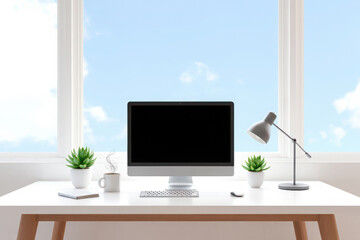 A modern computer setup on a white desk in front of a large window with a clear blue sky and clouds, symbolizing a bright and productive workspace