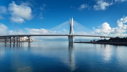 Fototapeta premium long modern cable stayed bridge over calm water under a partly cloudy blue sky reflecting in the water with a serene atmosphere