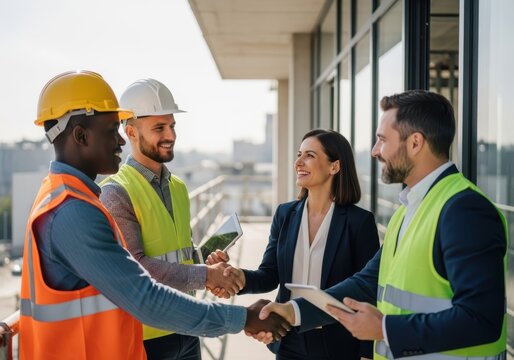 Diverse team shaking hands on construction site with managers and engineers working collaboratively for project success and building development