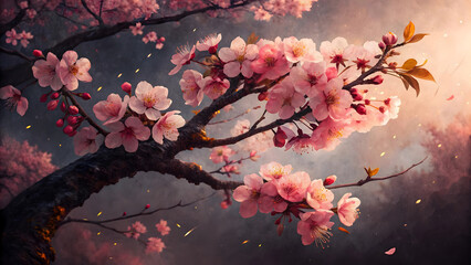 Close-up view of a blossoming cherry tree branch with delicate pink flowers.
