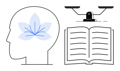 Human head with a flower symbolizing mindfulness, an open book for learning, and a scale for balance. Ideal for education, self-growth, mental health, clarity, decision-making, mindfulness fairness