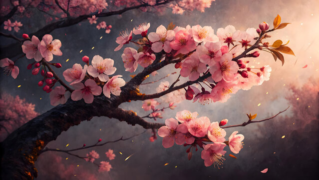 Close-up view of a blossoming cherry tree branch with delicate pink flowers.