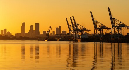 Fototapeta premium Golden Hour Harbor: City Skyline & Port Cranes