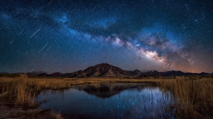 Milky Way over Arizona Mountain Reflecting in Water, Night Sky Landscape