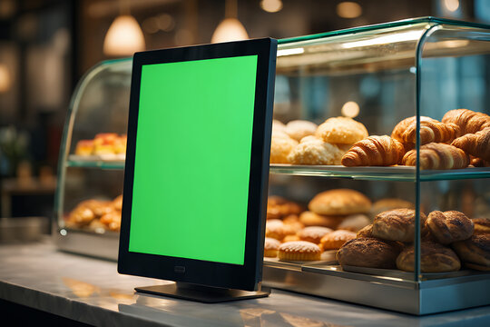 A vertical green screen tablet on a counter in a bakery next to a display case of fresh pastries.