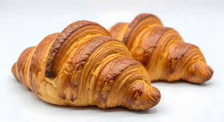 Freshly baked buttery croissant, a classic French breakfast pastry, isolated on a white background