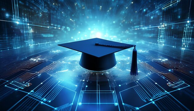 a digitally rendered academic cap glows within a network of futuristic nodes representing the synthesis of advanced learning and emergent digital structures