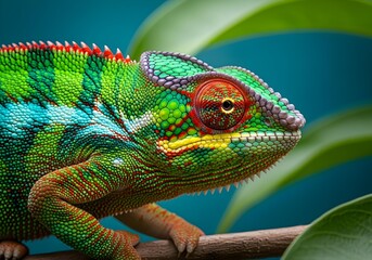 Obraz premium Colorful chameleon close up with vibrant green red and blue scales and detailed texture against blurred tropical background