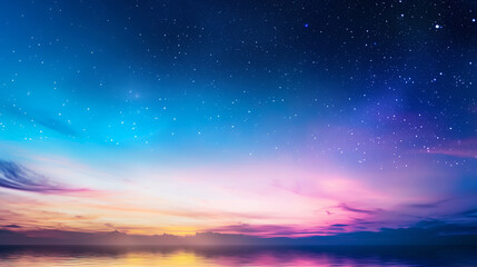 Fototapeta premium Stunning night sky filled with stars, showcasing gradient of colors from deep blue to vibrant pink and purple, reflecting on calm waters