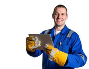 Smiling Industrial Worker in Blue Uniform Holding Tablet, Front View, Isolated Transparent Background PNG