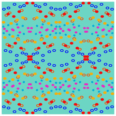 Playful geometric pattern on teal background.  