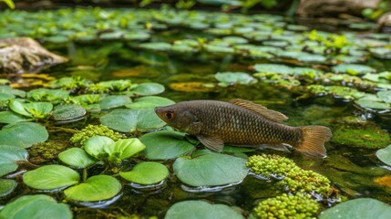 Fish in a pond with green aquatic plants