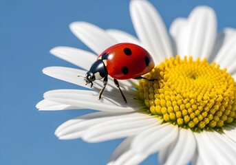 Ladybug on white daisy flower petal with yellow center against blue sky macro nature concept with vibrant colors