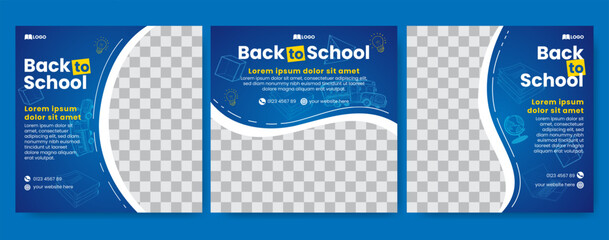 Set of three blue yellow organic fluid background of back to school social media pack template