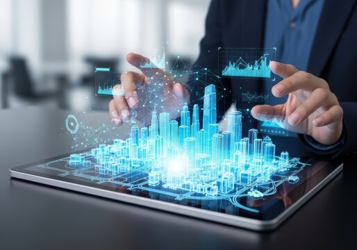 Futuristic City Planning on Tablet with Augmented Reality and Advanced Data Visualization for Modern Urban Development and Smart City Concepts