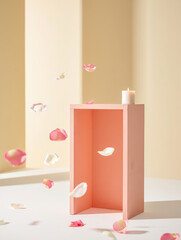 Soft pink rose petals gently falling around a lit candle on a minimalist pedestal, creating a serene and romantic atmosphere