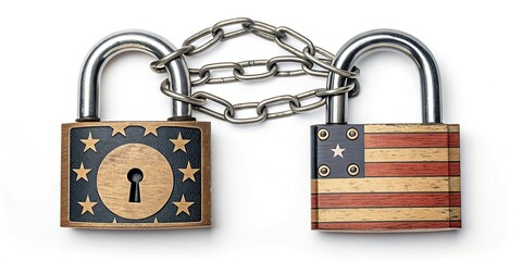 Two vintage american flag padlocks chained together symbolizing national security and freedom