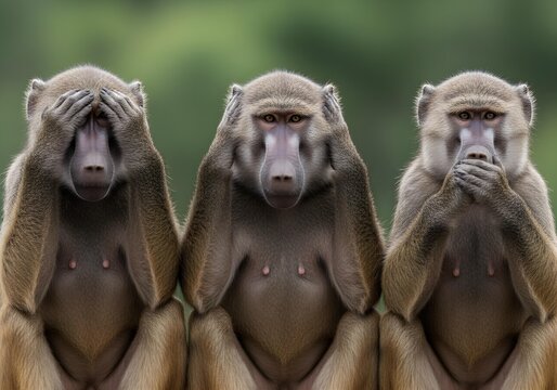 Three baboons in see no evil hear no evil speak no evil pose with serious facial expressions in natural outdoor setting
