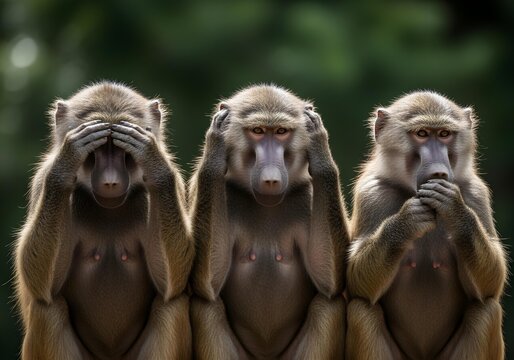 Three baboons in see no evil hear no evil speak no evil pose with serious facial expressions in natural outdoor setting