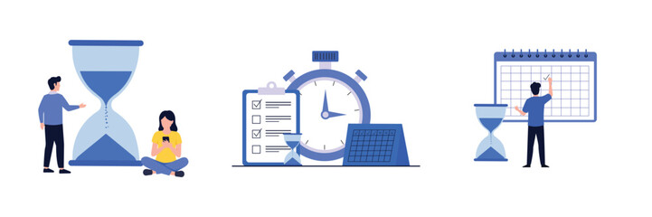 Man presenting time management with large hourglass. Time management checklist with stopwatch and calendar. Man marking calendar next to hourglass, time management concept set of vector illustration.