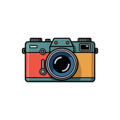 Retro style camera with red orange teal and yellow body and blue lens vintage photography
