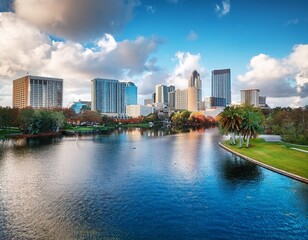 Naklejka premium downtown orlando city skyline located in lake eola park orlando florida usa