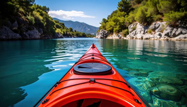 Red Kayak On Turquoise River Through Mountainous Landscape