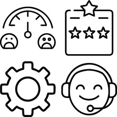 A collection of four icons representing customer satisfaction, ratings, operations, and customer support.