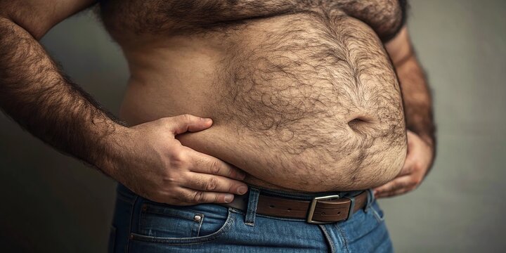 Man with hairy belly and excess weight holding his stomach in jeans