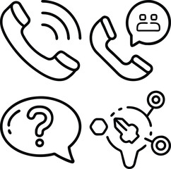 A collection of hand-drawn icons representing phone calls, customer interaction, questions, and problem-solving for user support.