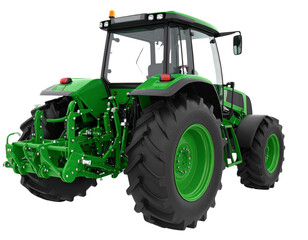Obraz premium Green Tractor Angled Rear View with Attached Plow, Isolated on White Background