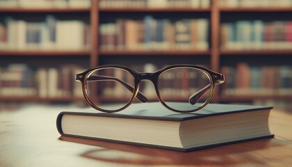 Close-Up Shot Of Eyeglasses On Wooden Desk With A Book In A Library Setting, Symbolizing Education And Academic Pursuits.