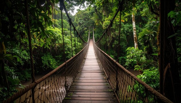 Wooden Suspension Bridge Through Lush Rainforest Canopy