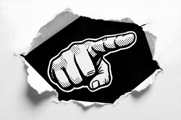 Torn paper revealing halftone hand pointing forward symbolizing accusation responsibility recruitment and direct communication