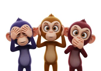 3D cartoon three wise monkeys with expressive faces in see no evil hear no evil speak no evil pose referencing Nikko monkeys isolated on white background