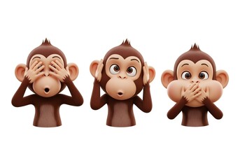 3D cartoon three wise monkeys with expressive faces in see no evil hear no evil speak no evil pose referencing Nikko monkeys isolated on white background