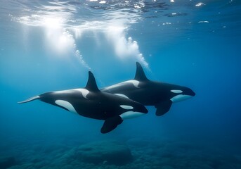 Fototapeta premium Two orcas swimming underwater side by side with sunlight filtering through blue ocean water in peaceful marine wildlife scene