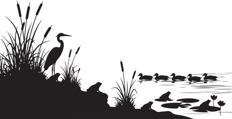 Obraz premium Silhouette of a heron and frogs on a bank with ducks swimming in a pond on white background