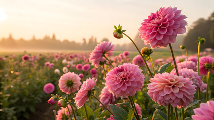 A field of vibrant pink dahlias blooming under the soft morning sunlight, creating a beautiful scene. © Md