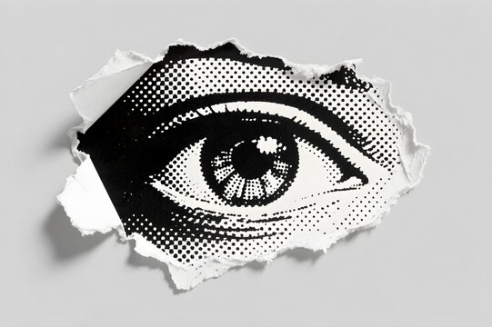 Torn paper revealing halftone eye illustration symbolizing vision observation awareness perception and insight in bold pop art style - Powered by Adobe