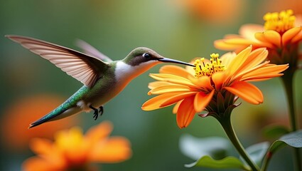 A hummingbird feeds from an orange flower.