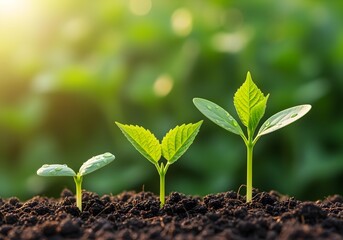 Fototapeta premium Three young plants at different growth stages in soil with sunlight symbolizing development progress and natural life cycle