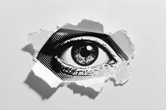 Torn paper revealing halftone eye illustration symbolizing vision observation awareness perception and insight in bold pop art style - Powered by Adobe