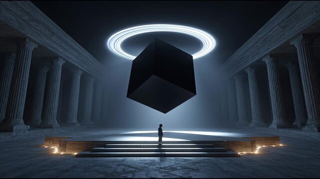 Mysterious figure stands before floating cube in an ancient temple at night