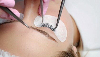 Close-up of a woman receiving eyelash extensions with a technician's hands and tweezers. Ideal for beauty salon, cosmetic, and professional treatment advertising