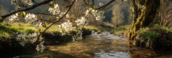 Blossoms over River, Springtime Scene with White Flowers and Flowing Water