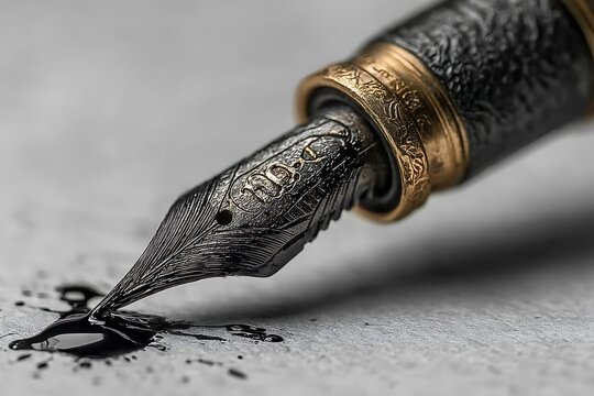 Ornate fountain pen nib with black ink splatter writing calligraphy