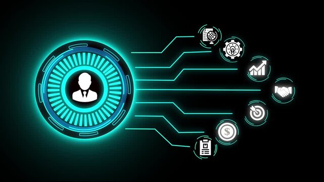 "Digital Business Profile Interface &ndash; Futuristic Neon HUD with Data Network and Corporate Icons on Black Background"