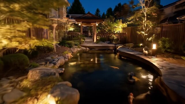 Serene Nighttime Japanese Garden with Koi Pond and Wooden Pathway:  A Tranquil Landscape Illuminated with Warm Lighting, Featuring Reflective Water