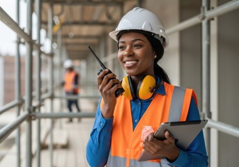 Smiling African American woman construction worker managing site with walkie talkie and tablet in hand wearing safety gear on scaffolding